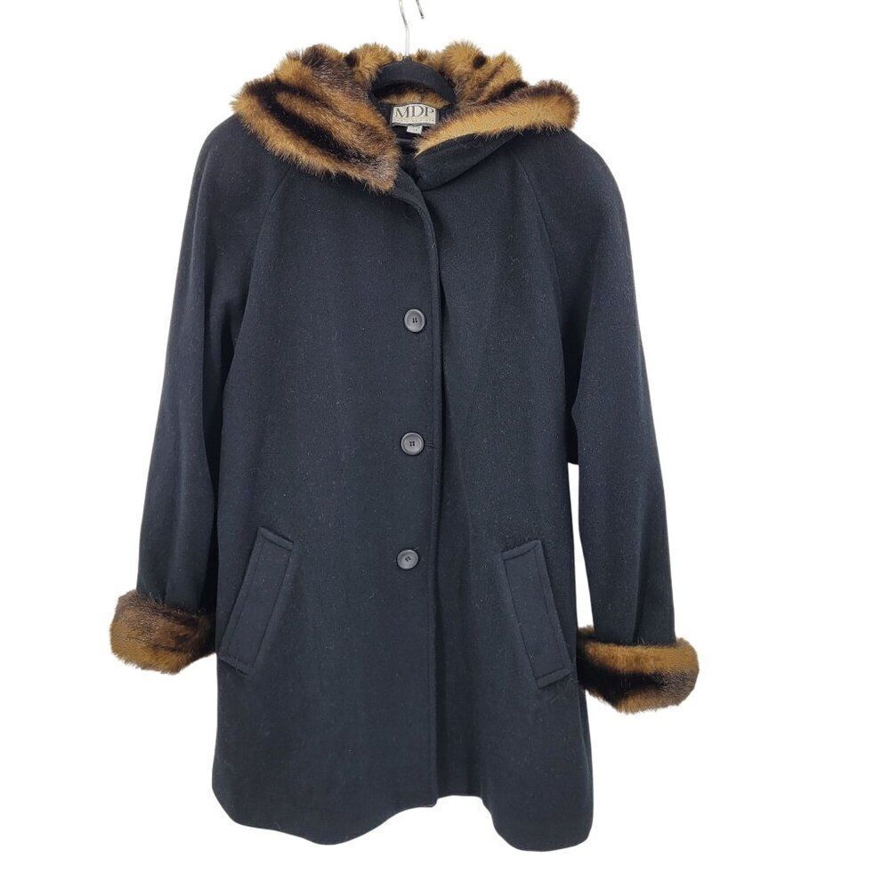Vintage 80s Black Wool Coat 2X Faux Fur Hood Cuffs Button Front USA City Classic
